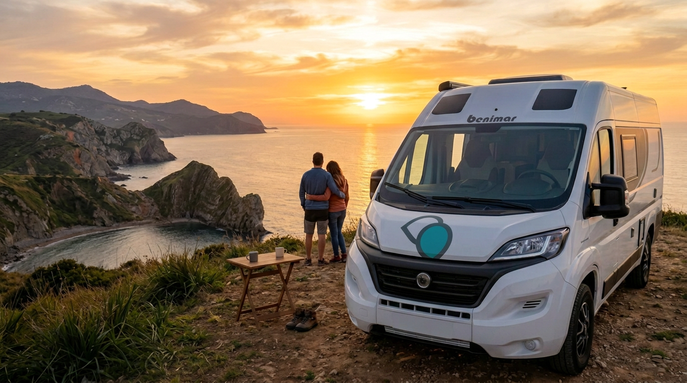 Pareja frente al mar junto a una camper Bookingvans