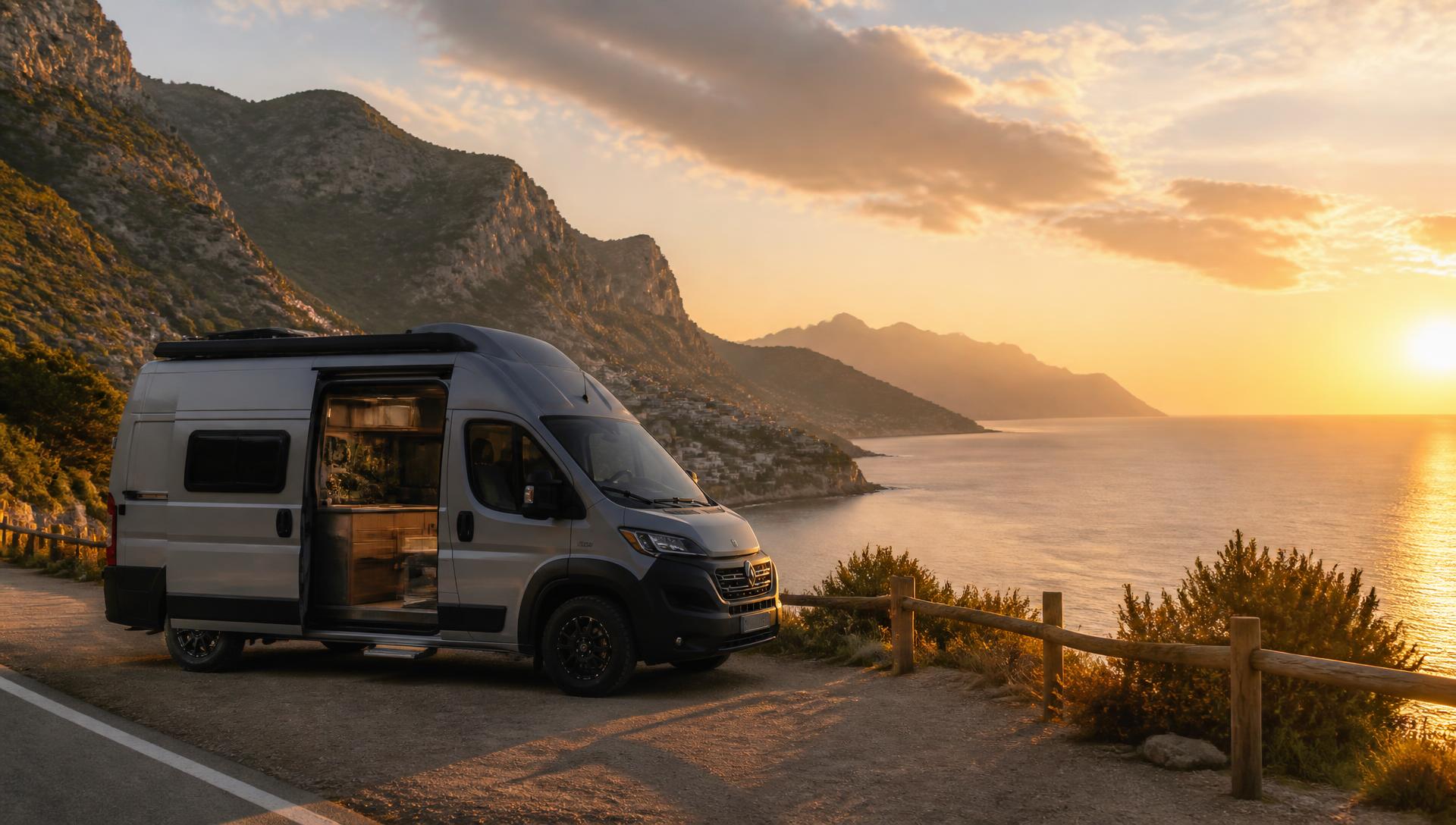 Camper aparcada frente al mar al atardecer