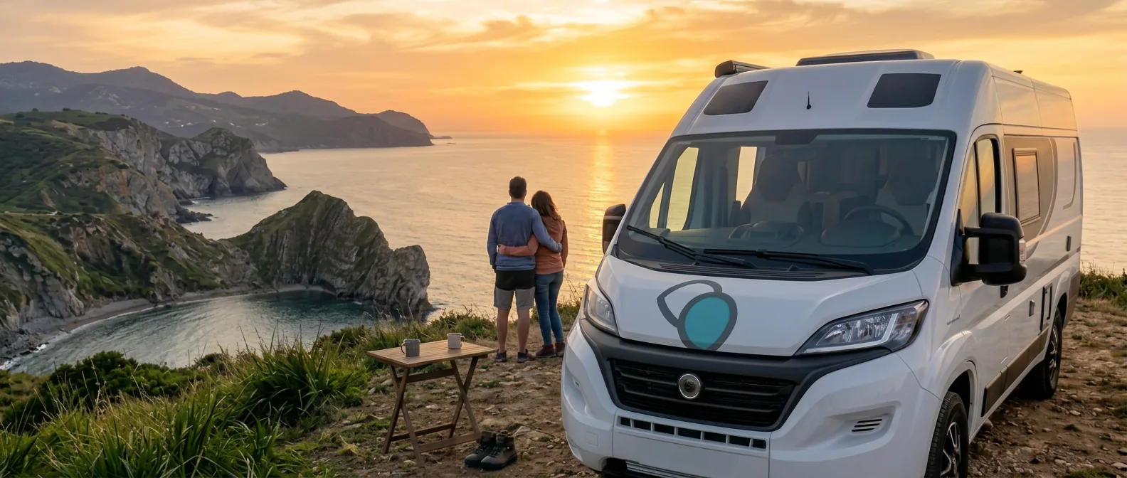 Motorhome parked by the sea at sunset