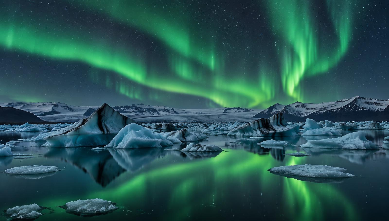 Auroras boreales sobre una laguna glaciar islandesa