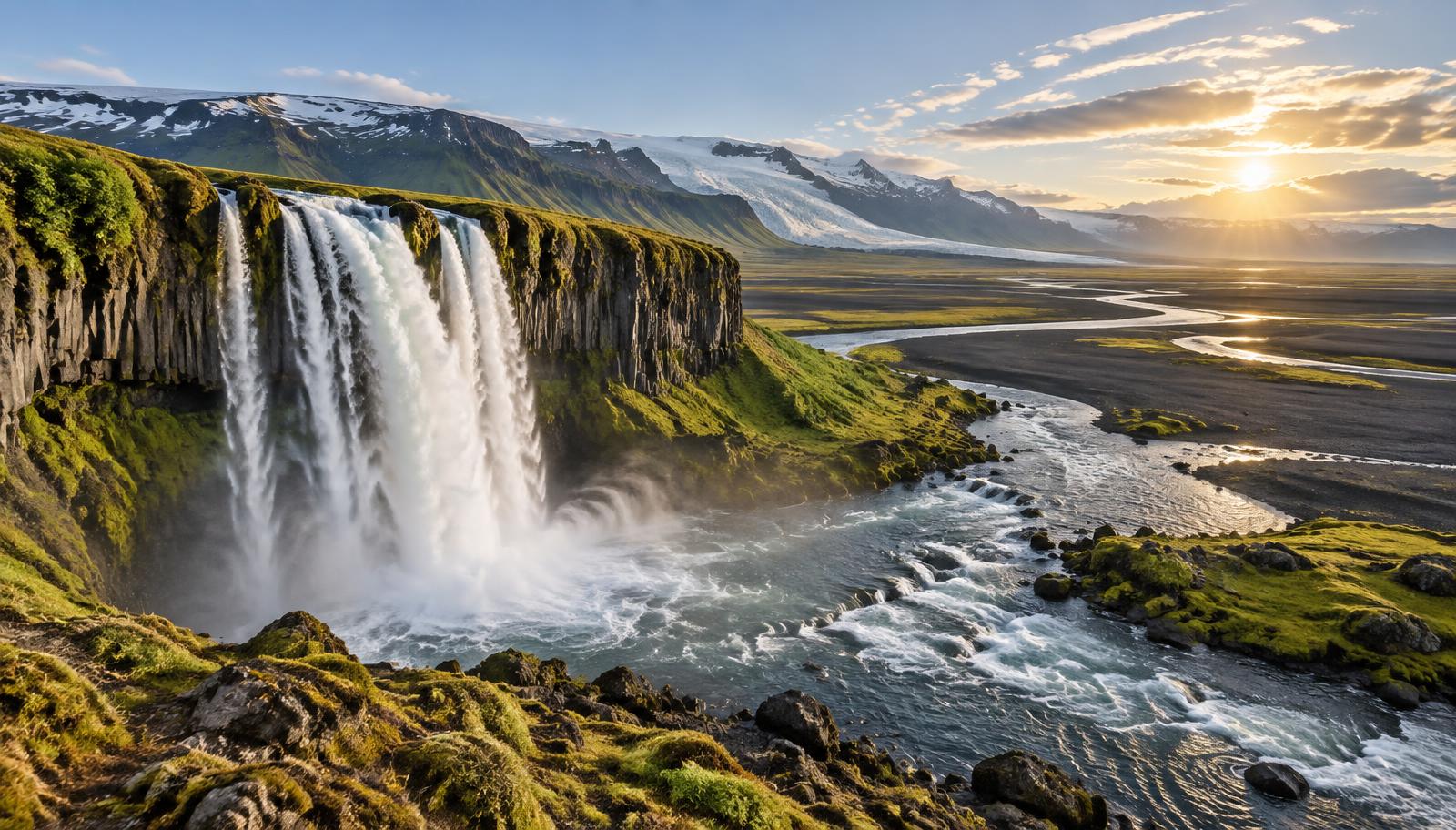 Cascada islandesa sobre acantilados de basalto con un glaciar al fondo