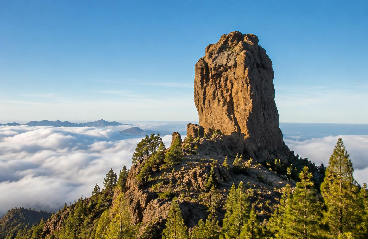 Monolito volcánico del Roque Nublo sobre un mar de nubes en Gran Canaria